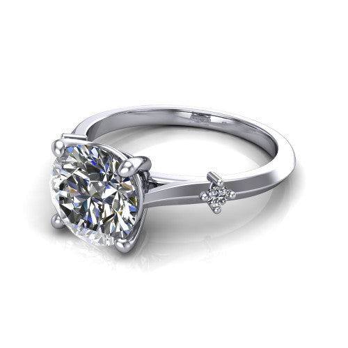 Raelynn round accent engagement ring in 18K White Gold with kite-set geometric side stones, three-quarter perspective view