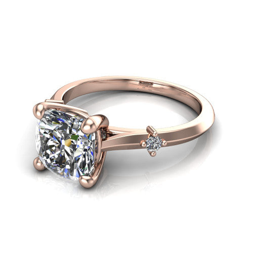 Raelynn cushion accent engagement ring in 18K Rose Gold with kite-set geometric side stones, three-quarter perspective view