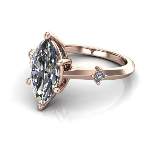 Raelynn marquise accent engagement ring in 14K Rose Gold with kite-set geometric side stones, three-quarter perspective view