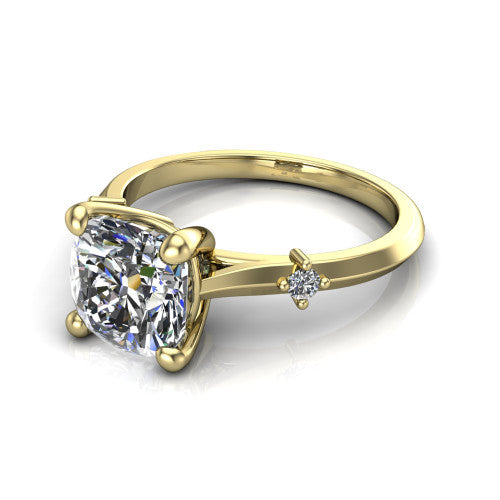 Raelynn cushion accent engagement ring in 18K Yellow Gold with kite-set geometric side stones, three-quarter perspective view
