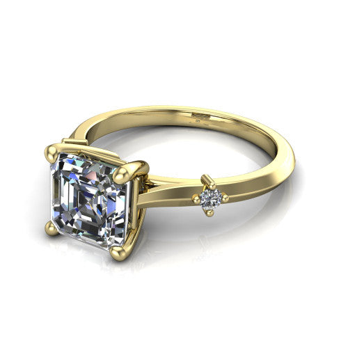 Raelynn asscher accent engagement ring in 14K Yellow Gold with kite-set geometric side stones, three-quarter perspective view