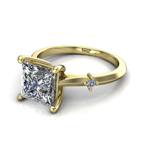 Raelynn princess accent engagement ring in 18K Yellow Gold with kite-set geometric side stones, three-quarter perspective view