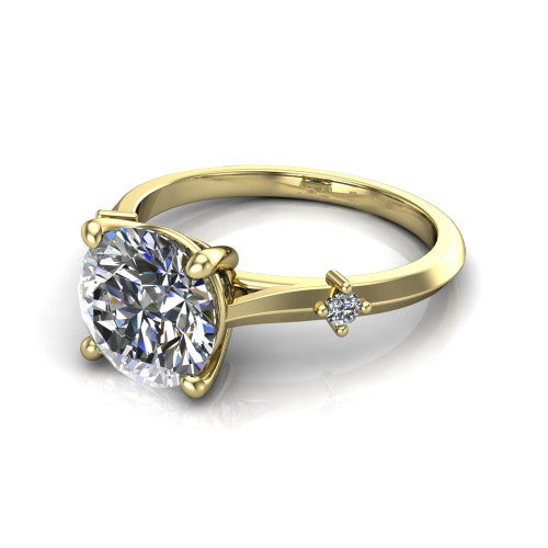 Raelynn round accent engagement ring in 18K Yellow Gold with kite-set geometric side stones, three-quarter perspective view