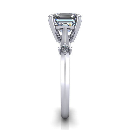 Raelynn asscher accent engagement ring in 14K White Gold with kite-set geometric side stones, side profile showing the plain band and kite-set side accent