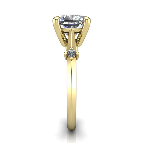 Raelynn cushion accent engagement ring in 14K Yellow Gold with kite-set geometric side stones, side profile showing the plain band and kite-set side accent