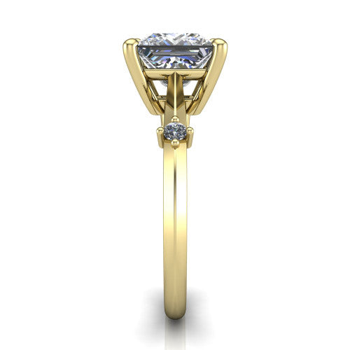 Raelynn princess accent engagement ring in 18K Yellow Gold with kite-set geometric side stones, side profile showing the plain band and kite-set side accent