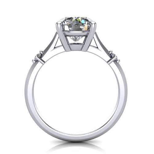 Raelynn round accent engagement ring in 18K White Gold with kite-set geometric side stones, through-finger front profile