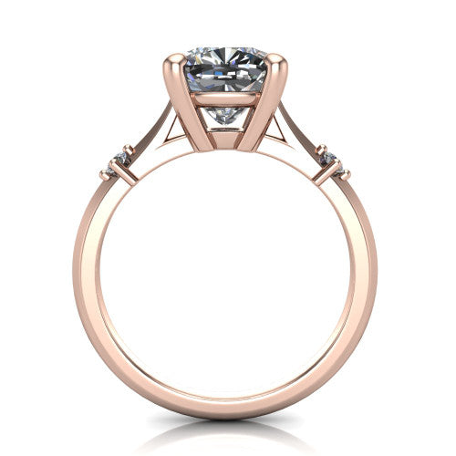 Raelynn cushion accent engagement ring in 18K Rose Gold with kite-set geometric side stones, through-finger front profile