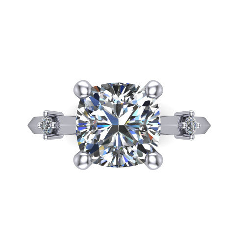 Raelynn cushion accent engagement ring in 18K White Gold with kite-set geometric side stones, top-down view of the center and geometric side accents