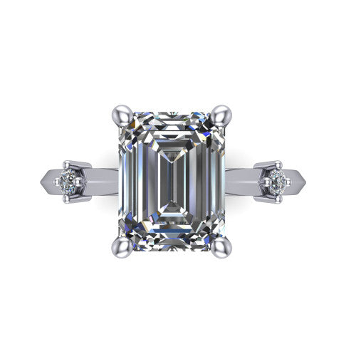 Raelynn emerald accent engagement ring in 18K White Gold with kite-set geometric side stones, top-down view of the center and geometric side accents