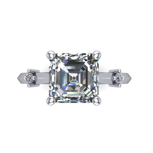 Raelynn asscher accent engagement ring in Platinum with kite-set geometric side stones, top-down view of the center and geometric side accents
