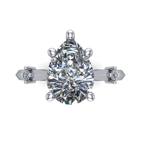Raelynn pear accent engagement ring in 18K White Gold with kite-set geometric side stones, top-down view of the center and geometric side accents