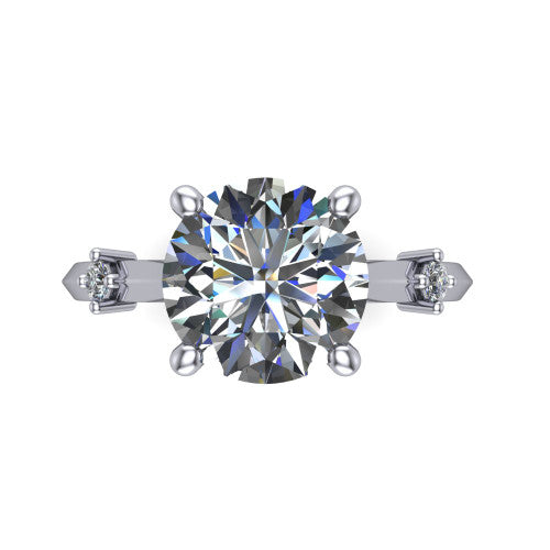 Raelynn round accent engagement ring in 14K White Gold with kite-set geometric side stones, top-down view of the center and geometric side accents