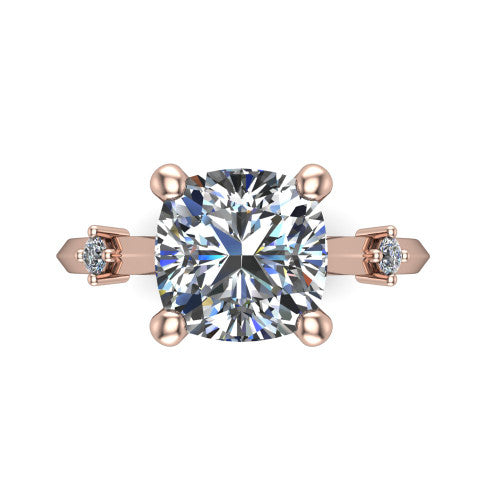 Raelynn cushion accent engagement ring in 18K Rose Gold with kite-set geometric side stones, top-down view of the center and geometric side accents