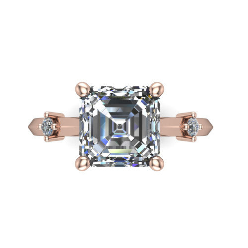 Raelynn asscher accent engagement ring in 18K Rose Gold with kite-set geometric side stones, top-down view of the center and geometric side accents