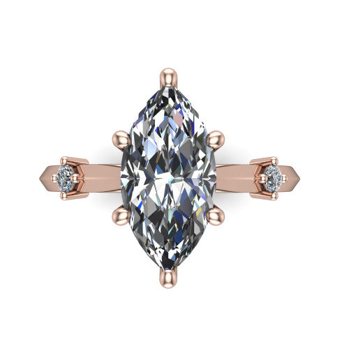 Raelynn marquise accent engagement ring in 14K Rose Gold with kite-set geometric side stones, top-down view of the center and geometric side accents