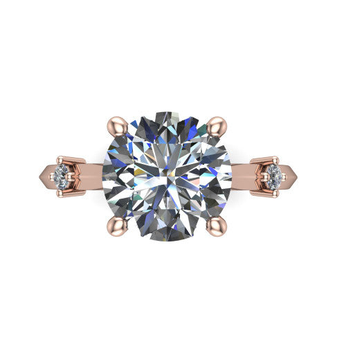 Raelynn round accent engagement ring in 14K Rose Gold with kite-set geometric side stones, top-down view of the center and geometric side accents