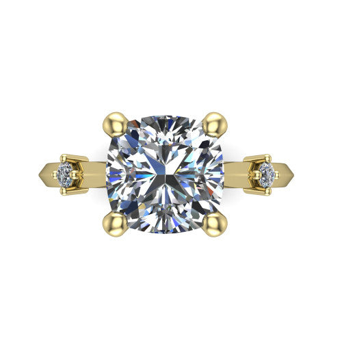 Raelynn cushion accent engagement ring in 18K Yellow Gold with kite-set geometric side stones, top-down view of the center and geometric side accents