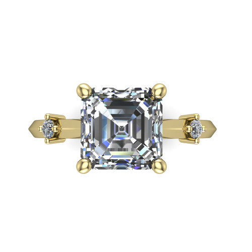 Raelynn asscher accent engagement ring in 14K Yellow Gold with kite-set geometric side stones, top-down view of the center and geometric side accents