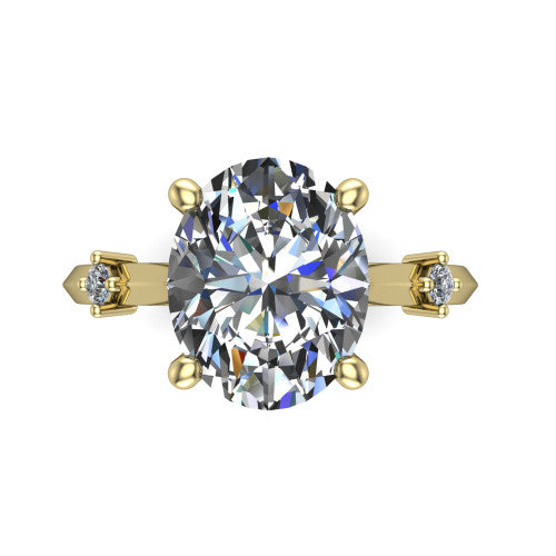 Raelynn oval accent engagement ring in 18K Yellow Gold with kite-set geometric side stones, top-down view of the center and geometric side accents