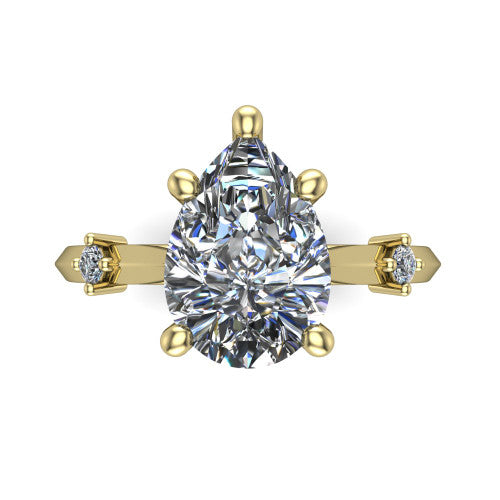Raelynn pear accent engagement ring in 18K Yellow Gold with kite-set geometric side stones, top-down view of the center and geometric side accents
