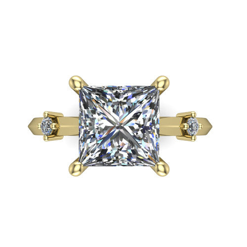 Raelynn princess accent engagement ring in 18K Yellow Gold with kite-set geometric side stones, top-down view of the center and geometric side accents