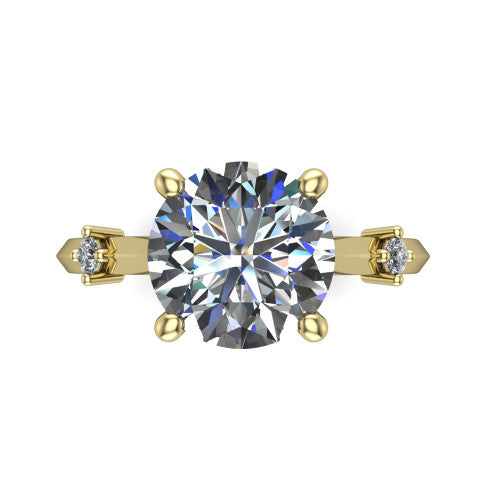 Raelynn round accent engagement ring in 14K Yellow Gold with kite-set geometric side stones, top-down view of the center and geometric side accents