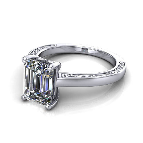 Samantha emerald engraved solitaire engagement ring in 18K White Gold with scrollwork band, three-quarter perspective view