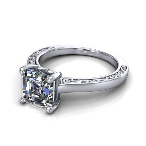 Samantha asscher engraved solitaire engagement ring in Platinum with scrollwork band, three-quarter perspective view