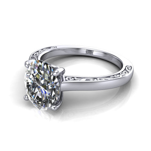 Samantha oval engraved solitaire engagement ring in 14K White Gold with scrollwork band, three-quarter perspective view