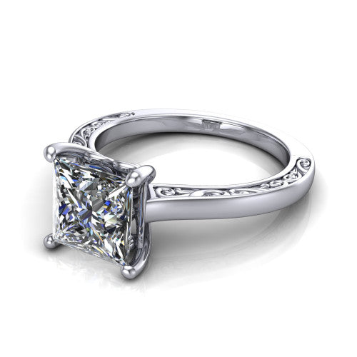 Samantha princess engraved solitaire engagement ring in 18K White Gold with scrollwork band, three-quarter perspective view