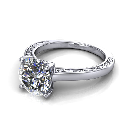 Samantha round engraved solitaire engagement ring in Platinum with scrollwork band, three-quarter perspective view