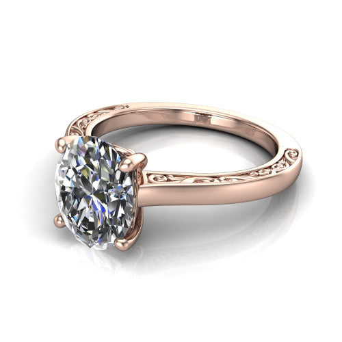 Samantha oval engraved solitaire engagement ring in 14K Rose Gold with scrollwork band, three-quarter perspective view