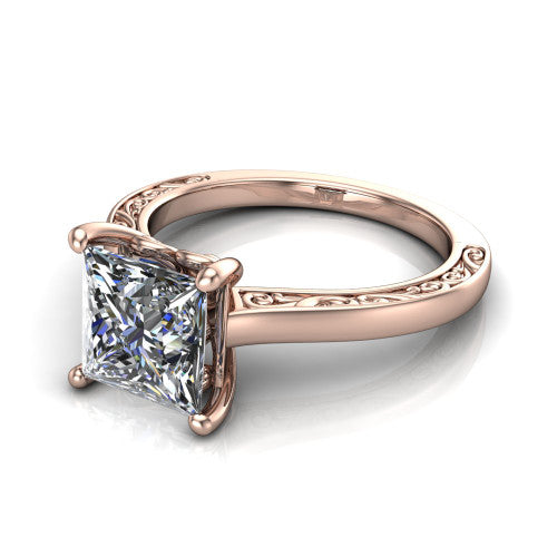 Samantha princess engraved solitaire engagement ring in 14K Rose Gold with scrollwork band, three-quarter perspective view