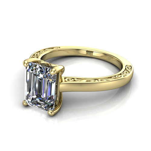 Samantha emerald engraved solitaire engagement ring in 18K Yellow Gold with scrollwork band, three-quarter perspective view