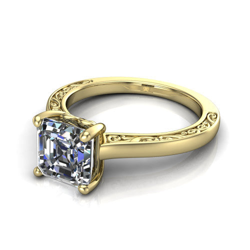 Samantha asscher engraved solitaire engagement ring in 14K Yellow Gold with scrollwork band, three-quarter perspective view