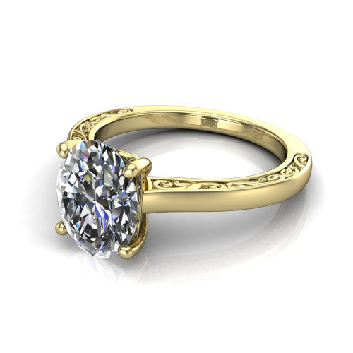 Samantha oval engraved solitaire engagement ring in 18K Yellow Gold with scrollwork band, three-quarter perspective view