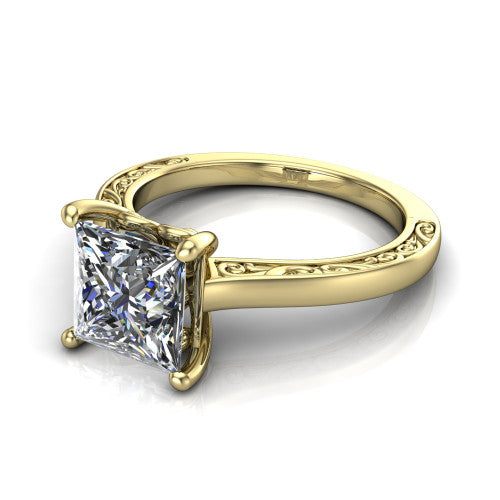 Samantha princess engraved solitaire engagement ring in 14K Yellow Gold with scrollwork band, three-quarter perspective view