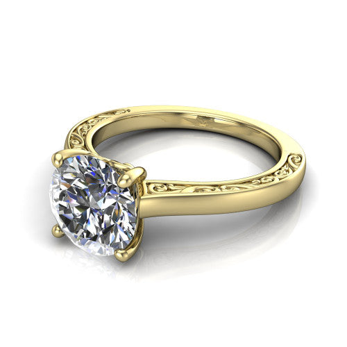 Samantha round engraved solitaire engagement ring in 14K Yellow Gold with scrollwork band, three-quarter perspective view