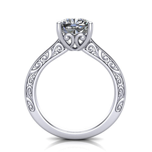 Samantha cushion engraved solitaire engagement ring in 18K White Gold with scrollwork band, through-finger front profile showing the engraved gallery