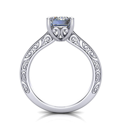 Samantha emerald engraved solitaire engagement ring in 14K White Gold with scrollwork band, through-finger front profile showing the engraved gallery