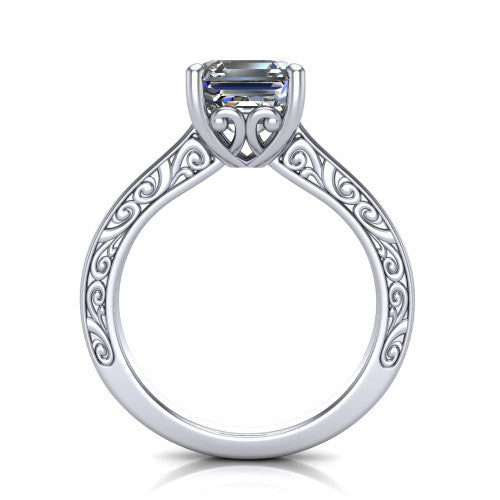 Samantha asscher engraved solitaire engagement ring in 18K White Gold with scrollwork band, through-finger front profile showing the engraved gallery