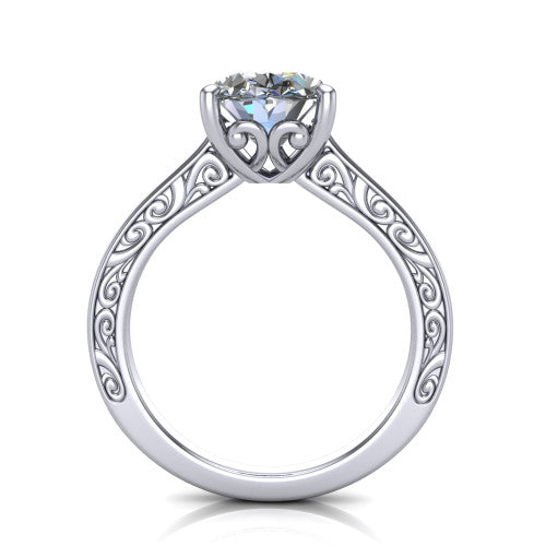 Samantha oval engraved solitaire engagement ring in 14K White Gold with scrollwork band, through-finger front profile showing the engraved gallery