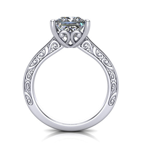 Samantha princess engraved solitaire engagement ring in Platinum with scrollwork band, through-finger front profile showing the engraved gallery