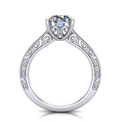 Samantha round engraved solitaire engagement ring in 14K White Gold with scrollwork band, through-finger front profile showing the engraved gallery