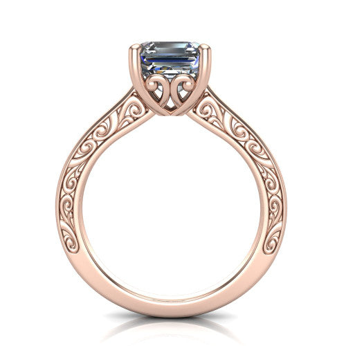 Samantha asscher engraved solitaire engagement ring in 18K Rose Gold with scrollwork band, through-finger front profile showing the engraved gallery