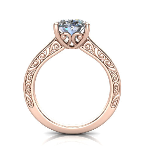 Samantha oval engraved solitaire engagement ring in 14K Rose Gold with scrollwork band, through-finger front profile showing the engraved gallery