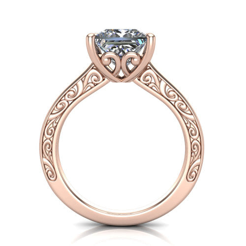 Samantha princess engraved solitaire engagement ring in 18K Rose Gold with scrollwork band, through-finger front profile showing the engraved gallery