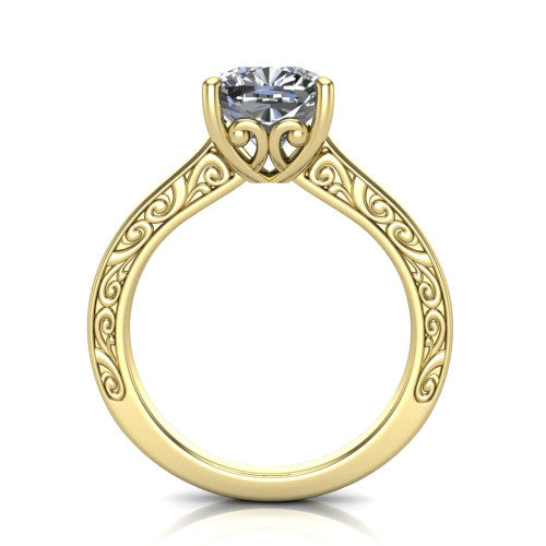 Samantha cushion engraved solitaire engagement ring in 14K Yellow Gold with scrollwork band, through-finger front profile showing the engraved gallery