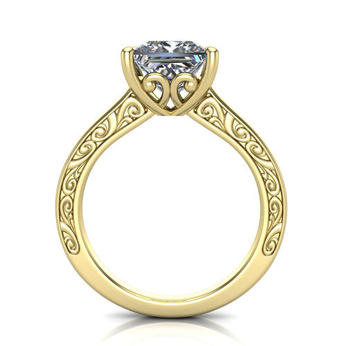 Samantha princess engraved solitaire engagement ring in 14K Yellow Gold with scrollwork band, through-finger front profile showing the engraved gallery